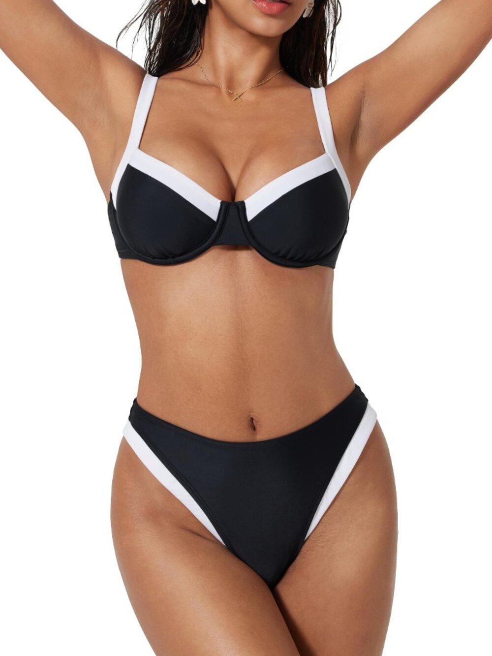 Women Color Block Underwire Bikini Sets Cheeky High Cut 2 Piece Swimsuit S